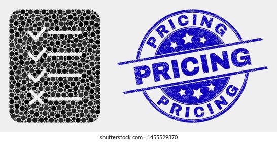 Pixelated task list page mosaic icon and Pricing seal stamp. Blue vector round scratched seal with Pricing caption. Vector collage in flat style. Black isolated task list page mosaic of random dots,