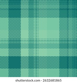 Pixelated teal plaid pattern. A vintage textured design in muted greens. Use for backgrounds, textiles, graphic design. Adds a retro, digital feel.
