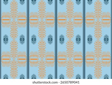 A pixelated textile design with yellow cross motifs and dark teal ovals on a sky-blue background. The structured layout and symmetry highlight a blend of traditional and modern textile inspiration.