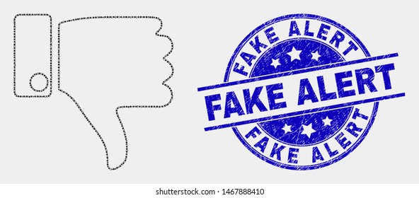 Pixelated thumb down mosaic pictogram and Fake Alert seal. Blue vector rounded scratched stamp with Fake Alert message. Vector combination in flat style.