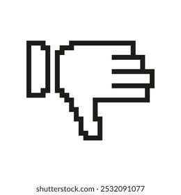 Icono de pulgar hacia abajo pixelado. Gesto de Comentarios negativo en estilo Pixel Art. Símbolo de desaprobación o mal Comentarios. Ilustración vectorial aislada.