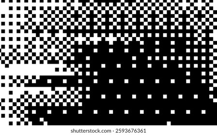 Pixelated Transition, A Dynamic Black and White Pattern Illustrating Gradual Transformation and Evolving Digital Landscapes with Distorted Checkerboard