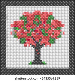 Pixelierte Baum-Illustration mit rosa und grünen Mosaikmuster.