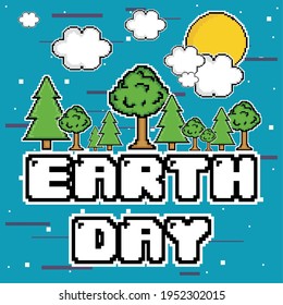 Pixelated trees and clouds. Earth day - Vector illustration