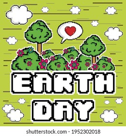 Pixelated trees and flowers. Earth day - Vector illustration