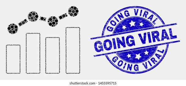 Pixelated trend chart mosaic icon and Going Viral seal. Blue vector round scratched seal with Going Viral text. Vector composition in flat style. Black isolated trend chart mosaic of random circles,