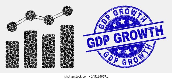 Pixelated trend chart mosaic pictogram and GDP Growth stamp. Blue vector rounded textured seal stamp with GDP Growth message. Vector combination in flat style.