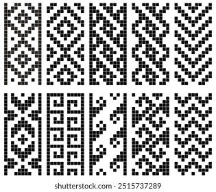 Motif de bordure tribale pixellisée. Minimalis motif harmonieux carré ensemble collection.