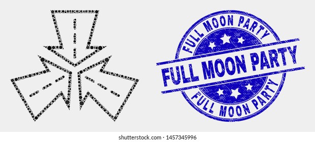 Pixelated triple roads intersection mosaic pictogram and Full Moon Party seal stamp. Blue vector round grunge seal with Full Moon Party text. Vector collage in flat style.