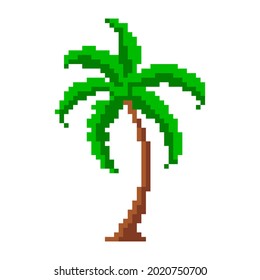 Pixelated tropical palm. Green large leaves with brown curving pixel trunk. Abstract decoration for games and retro vector presentation