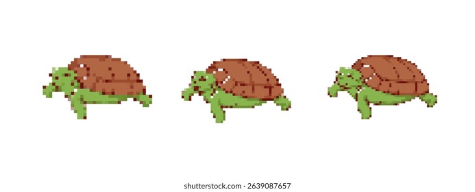 Pixelated turtle icon showing a cute turtle from front, side, and back in retro sprite style.