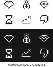 Conjunto de ícones de interface do usuário pixelada. Coração, saco de dinheiro, diamante, ampulheta, gráfico de crescimento não gosta de símbolos. Estilo retro moderno para aplicações web, interfaces móveis, painéis fintech, reação de mídia social e design UX.
