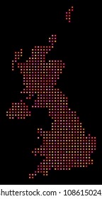 Pixelated United Kingdom map. Vector geographical scheme in red color tones on a black background. Abstract composition of United Kingdom map done of regular square elements.