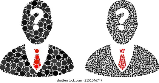 Icono de jefe desconocido. Collage icono de patrón desconocido compuesto de elementos esféricos en varios tamaños y tonos de color. Los puntos esféricos vectoriales se combinan en un icono de patrón desconocido de collage.