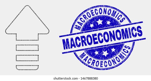 Pixelated update arrow mosaic icon and Macroeconomics seal stamp. Blue vector round textured seal stamp with Macroeconomics caption. Vector composition in flat style.