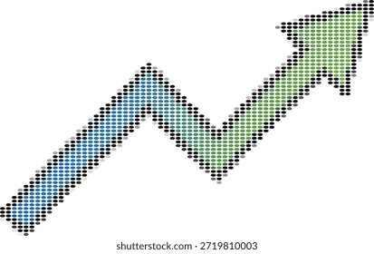 Flecha de tendencia ascendente pixelada con gráfico de negocios degradado azul y verde