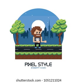 Pixelated urban videogame scenery