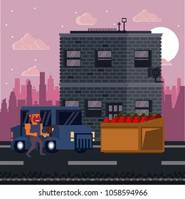 Pixelated urban videogame scenery