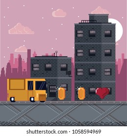 Pixelated urban videogame scenery