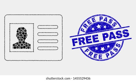 Pixelated user card mosaic icon and Free Pass seal stamp. Blue vector round scratched seal with Free Pass caption. Vector collage in flat style. Black isolated user card mosaic of scattered spheres,