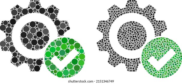 Pixelated Valid Gear Icon. Collage Valid Gear Icon Constructed From Circle Parts In Variable Sizes And Color Shades. Vector Circle Dots Are Organized Into Mosaic Valid Gear Icon.