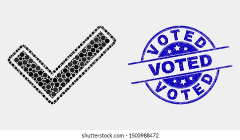 Pixelated validated tick mosaic pictogram and Voted stamp. Blue vector round grunge seal with Voted caption. Vector composition in flat style.