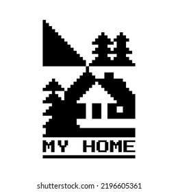 pixelated vector of a house in the mountains that can be used as a t-shirt design