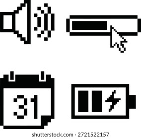 Los iconos vectoriales pixelados muestran indicadores esenciales del Estado del sistema informático, incluido un medidor de volumen de sonido, una barra de progreso con un cursor de mouse, un calendario que muestra el número treinta y uno y un ícono de batería que indica el nivel de Recargo.