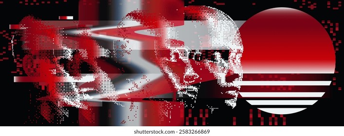 Pixelated vector illustration of a human face features a glitch effect. The black and red tones blend with digital distortions, creating a futuristic, abstract, and cyberpunk-inspired aesthetic.