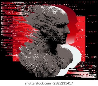 Pixelated vector illustration of a human face features a glitch effect. The black and red tones blend with digital distortions, creating a futuristic, abstract, and cyberpunk-inspired aesthetic.