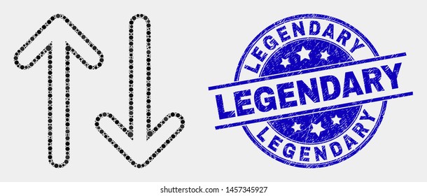 Pixelated vertical exchange arrows mosaic icon and Legendary seal stamp. Blue vector round textured seal with Legendary text. Vector combination in flat style.