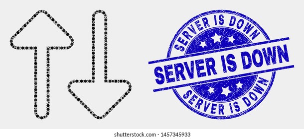 Pixelated vertical exchange arrows mosaic icon and Server Is Down seal stamp. Blue vector round scratched seal stamp with Server Is Down text. Vector combination in flat style.