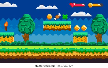 Pixelated video game scene with trees, floating platforms, coins, a torch, and a heart and sword indicator. Ideal for nature themes, adventure, retro gaming, pixel art, and video game design. Classic