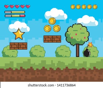 pixelated videogame scene with bushes plants and tree