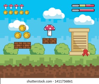 pixelated videogame scene with coins and fungus with letter