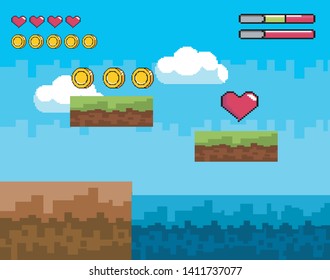 pixelated videogame scene with coins and heart