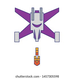 Pixelated videogame spaceship shooting isolated vector illustration graphic design