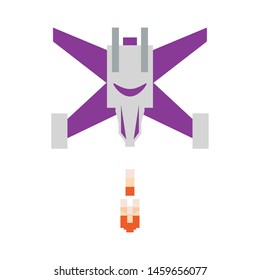 Pixelated videogame spaceship shooting isolated vector illustration graphic design