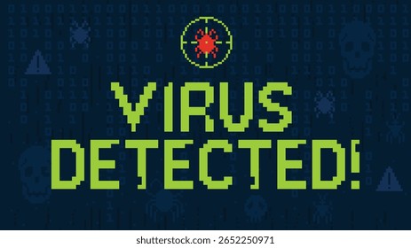 Pixelated virus detection alert screen. Pixel art cybersecurity warning, computer malware notification with threat target crosshair and binary code. Malicious software 8 bit vector illustration.