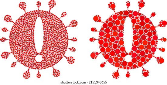 Das Symbol für die Ausrufung des Pixels. Das Mosaik-Virus-Ausrufezeichen wurde aus sphärischen Teilen in verschiedenen Größen und Farbtönen entwickelt. Vektorsphärische Teile werden in das Symbol für die Auslösung des Virus zusammengefasst.