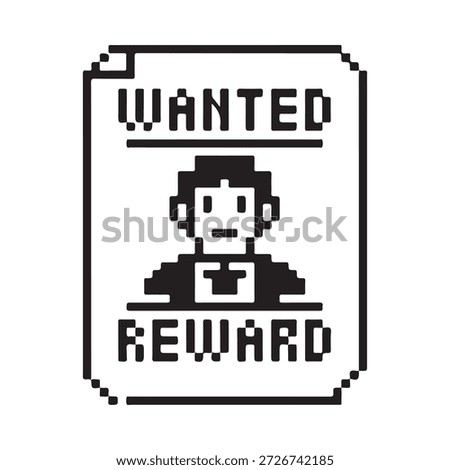 Pixelated wanted poster featuring a simple portrait of a person with a reward