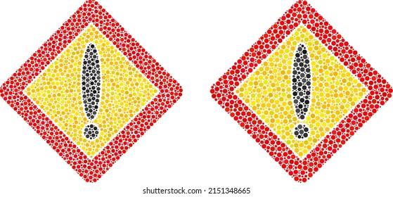 Pixelated warning rhombus icon. Mosaic warning rhombus icon united from circle items in various sizes and color tints. Vector circle dots are composed into mosaic warning rhombus icon.