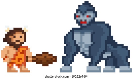 Hombre guerrero y primitivo, que se jacta de luchar contra un gran gorila aislado de fondo blanco. Personajes de píxel de caricatura que se van a usar en juegos de computadora. Caballero de Pixel luchando con un enorme mono