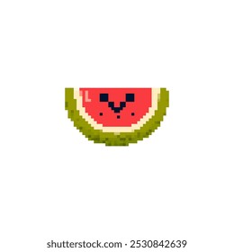 Icono de rebanada de sandía pixelada con una cara sonriente. Pixel art retro de una alegre sandía con un diseño juguetón.