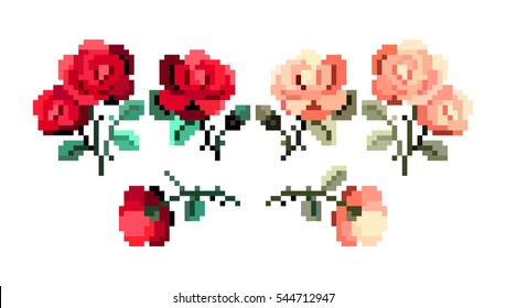 Pixelated wedding roses and leafs - isolated vector illustration