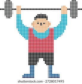 Pixelated Weightlifter Barbell com pontos vermelhos azuis e amarelos Palavras-chave: halterofilismo