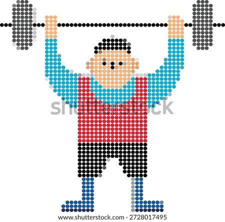 Pixelated Weightlifter Lifting Barbell with Red Blue and Yellow Dots Keywords: weightlifter