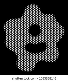 Pixelated white amoeba icon on a black background. Vector halftone composition of amoeba pictogram designed from circle items.