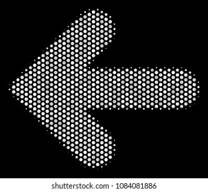 Pixelated white arrow left icon on a black background. Vector halftone pattern of arrow left icon designed with circle dots.