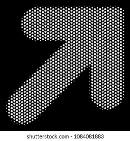 Pixelated white arrow up right icon on a black background. Vector halftone mosaic of arrow up right symbol constructed from circle points.